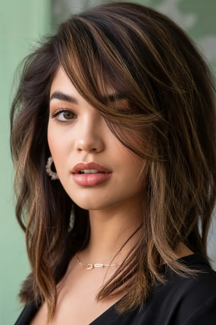 best haircuts for medium hair 2026 Honey Espresso Side Swept Layers