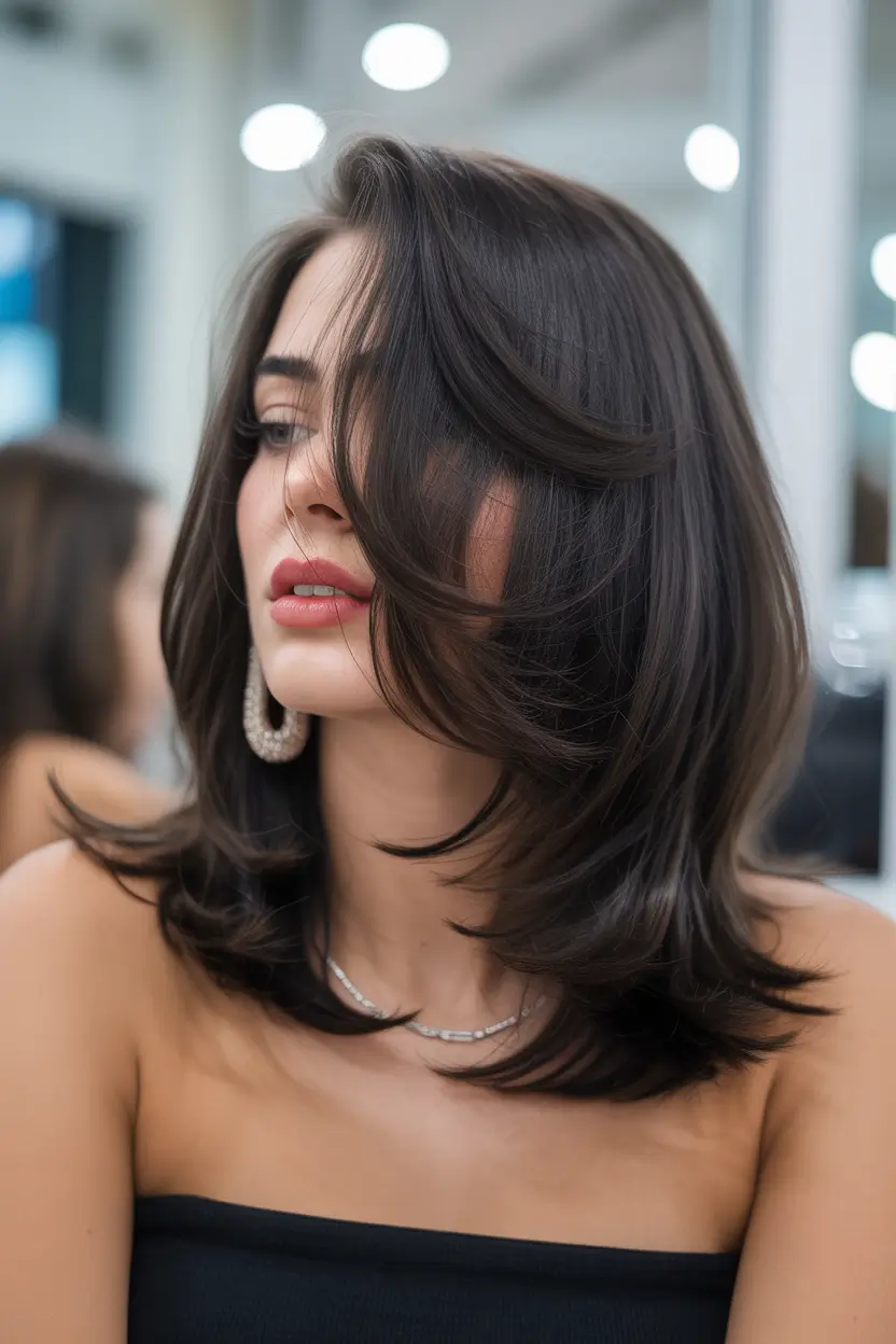 best haircuts for medium hair 2026 Silky Ebony Swoop Layers