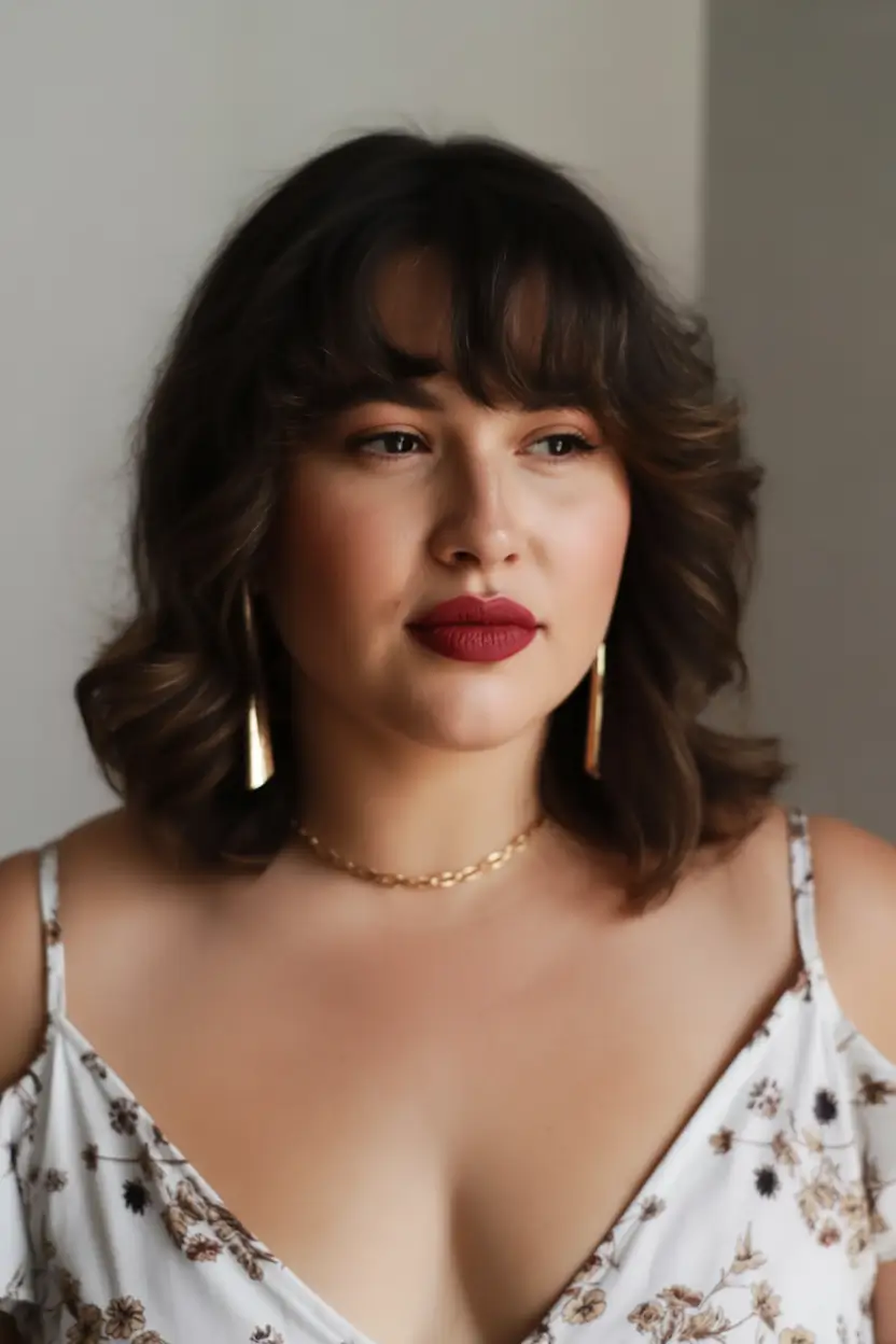best haircuts for plus size women 2026 romantic shoulder length waves with soft bangs