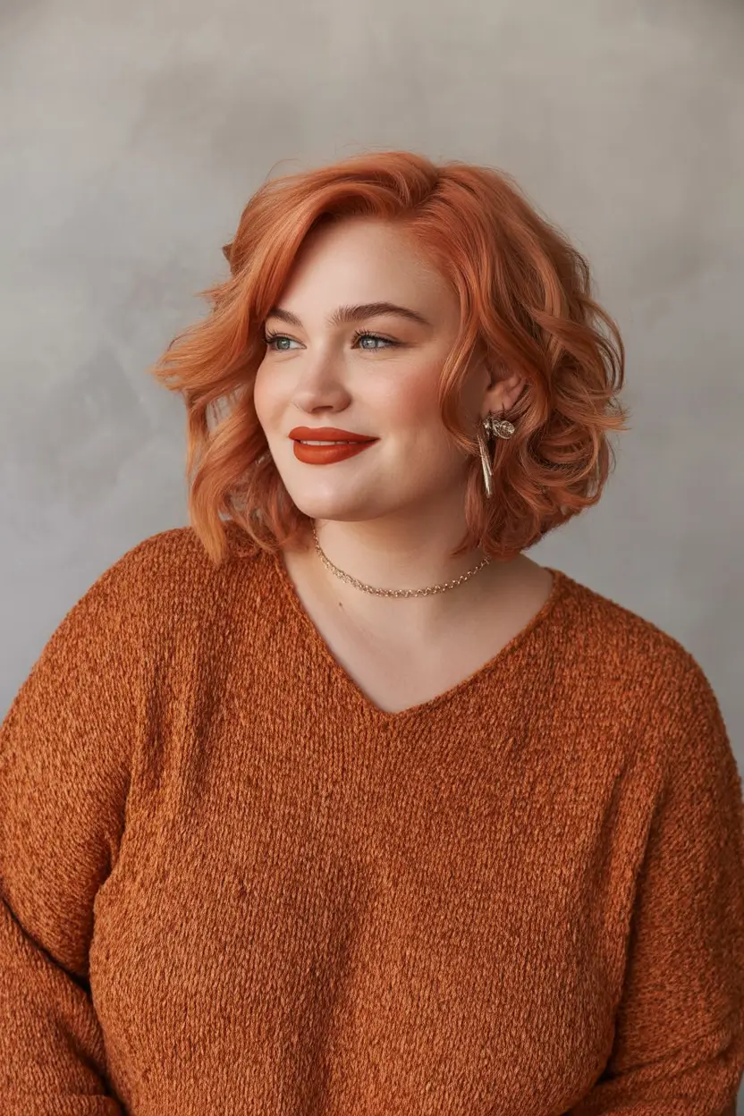best haircuts for plus size women 2026 warm copper curled bob with soft volume