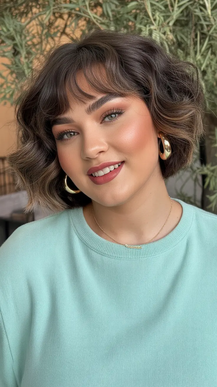best haircuts for plus size women 2026 short voluminous waves with curved fringe