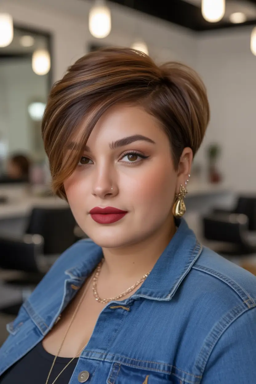 best haircuts for plus size women 2026 asymmetric long pixie with polished sweep