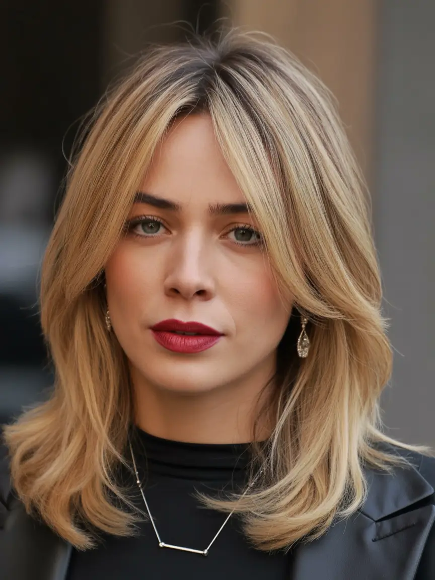 haircuts for thin fine hair Creamy Blonde Medium Cut With Classic Curtain Bangs