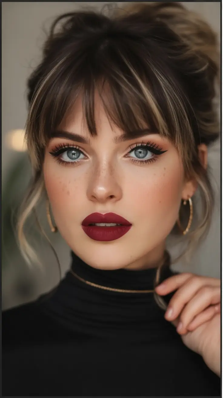 Best haircuts with bangs 2026 Soft Brunette Updo With Curtain Bangs