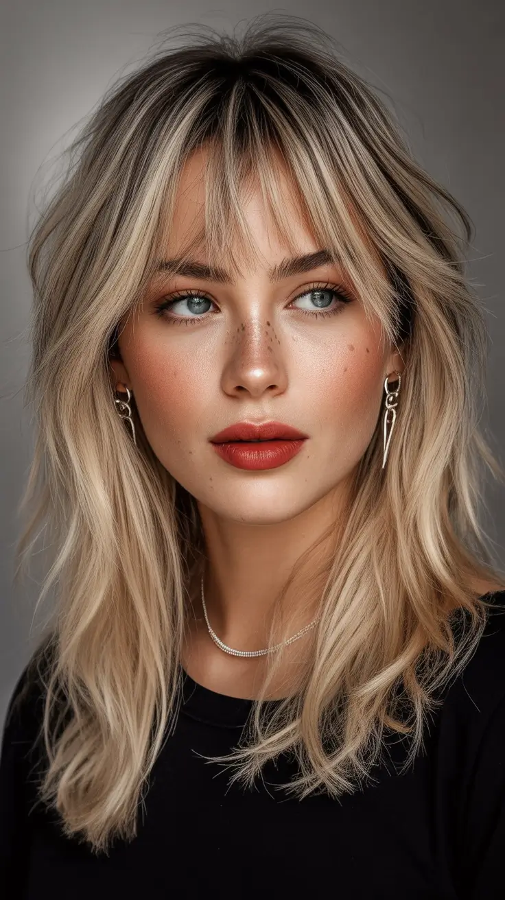 Best haircuts with bangs 2026 Blonde Layered Mid Length Cut With Soft Fringe