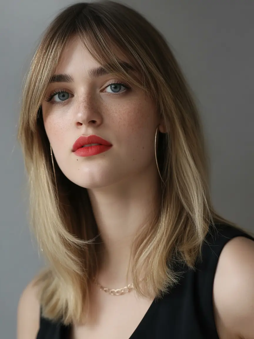 Best haircuts with bangs 2026 Soft Blonde Mid Length Cut With Delicate Curtain Fringe