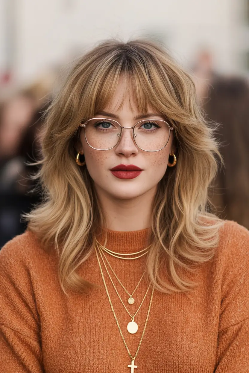 Best haircuts with bangs 2026 Warm Honey Layered Shag With Rounded Curtain Bangs