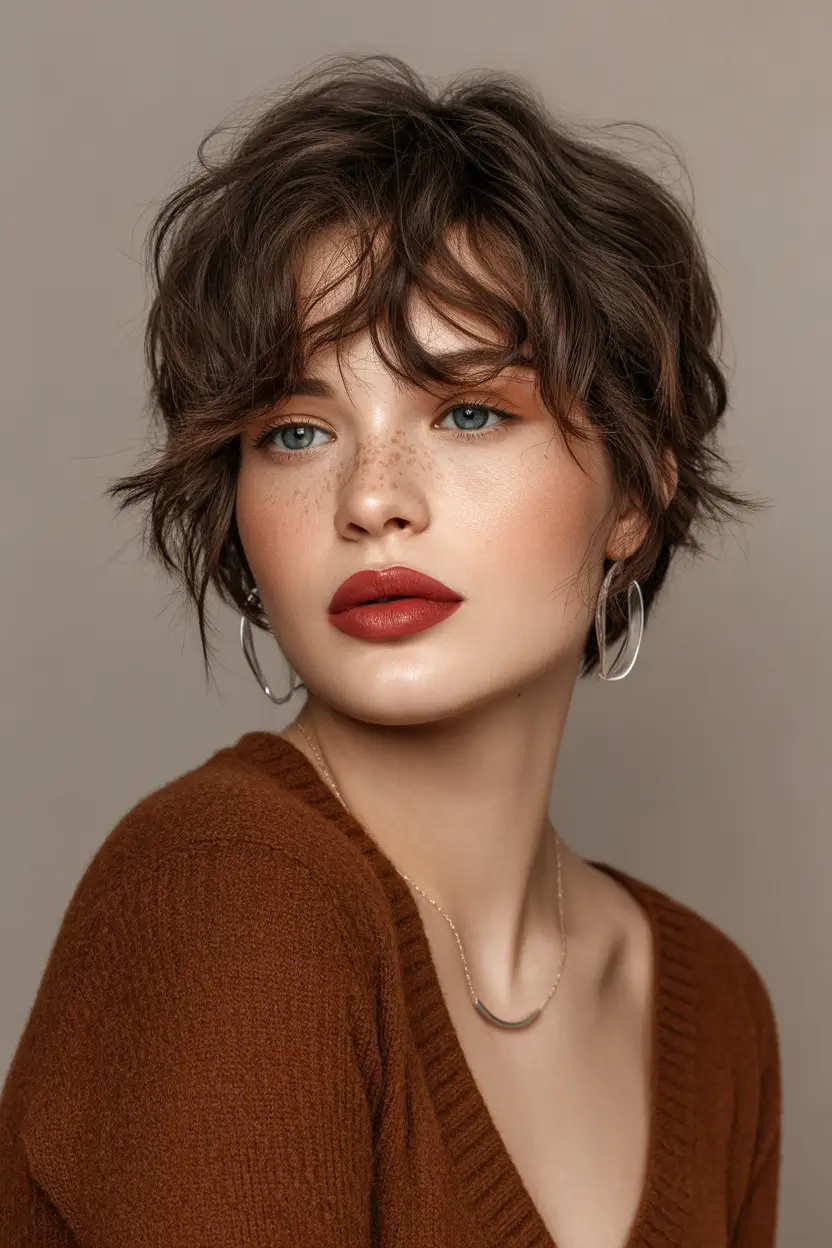 Best haircuts with bangs 2026 Short Tousled Brunette Crop With Piecey Bangs