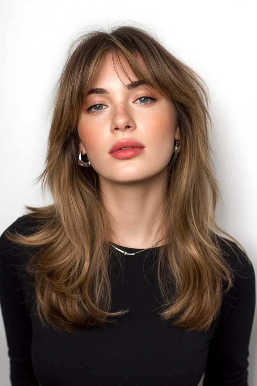 Best haircuts with bangs 2026 Classic Long Layered Cut With Soft Feathered Bangs