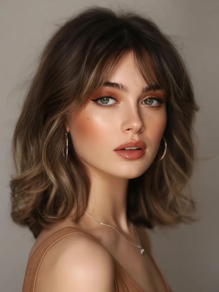 Best haircuts with bangs 2026 Soft Brunette Shoulder Length Waves With Floating Curtain Bangs