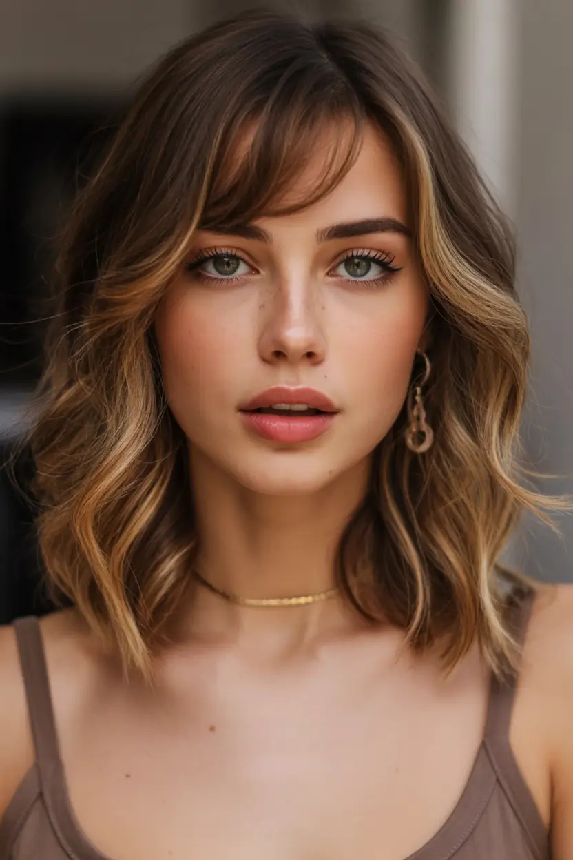 Best haircuts with bangs 2026 Classic Soft Wavy Lob With Side Swept Fringe