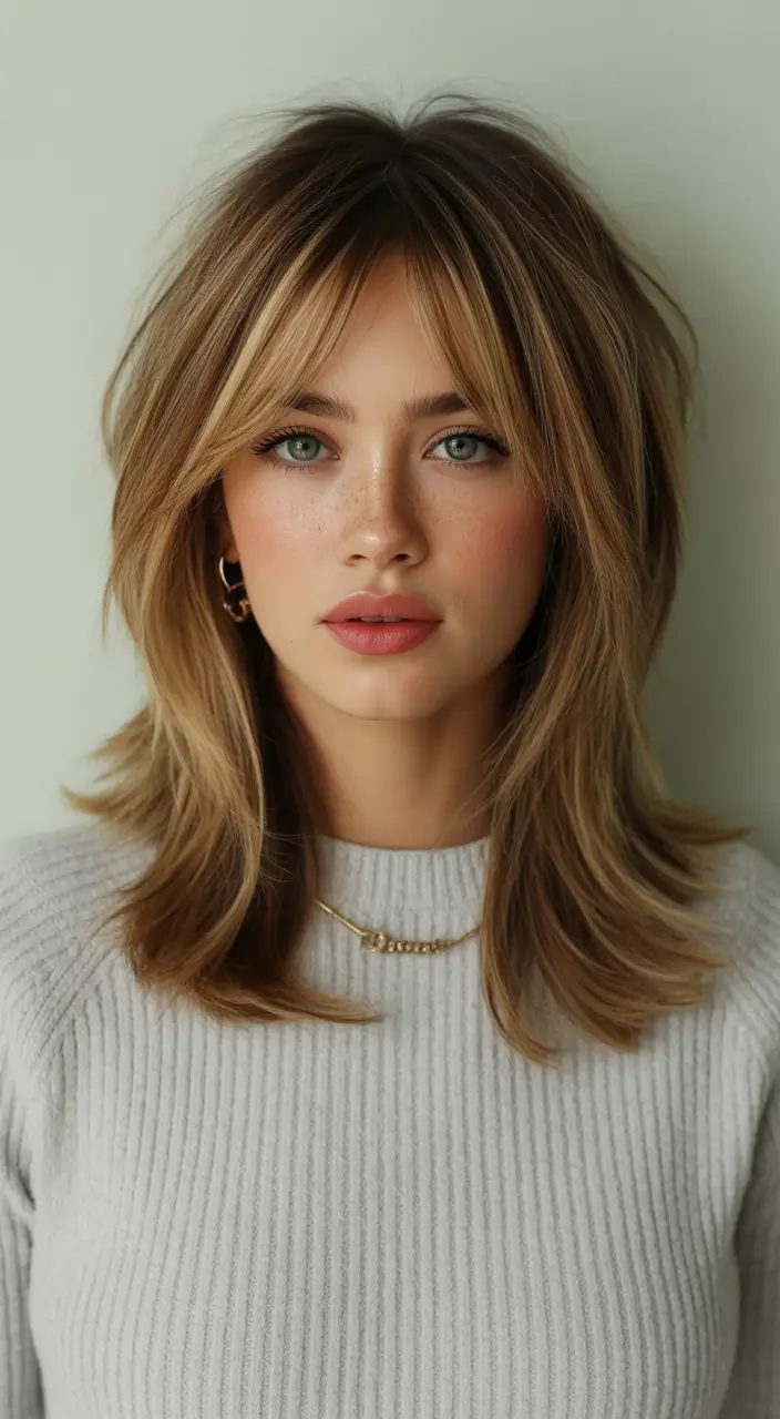 Best haircuts with bangs 2026 Face Framing Feathered Mullet Inspired Layers With Curtain Fringe