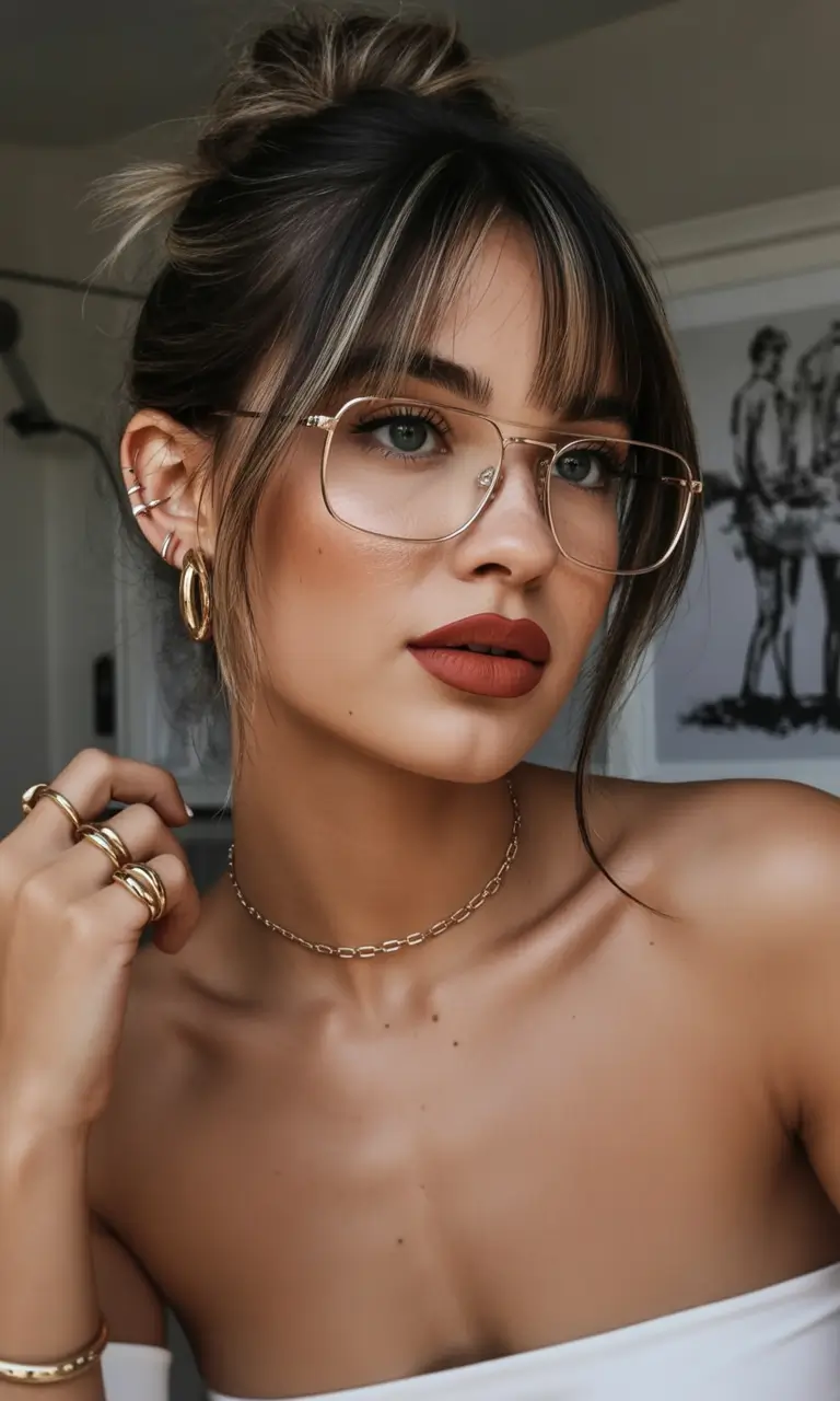 Best haircuts with bangs 2026 Light Brunette Messy Bun With Whisper Bangs