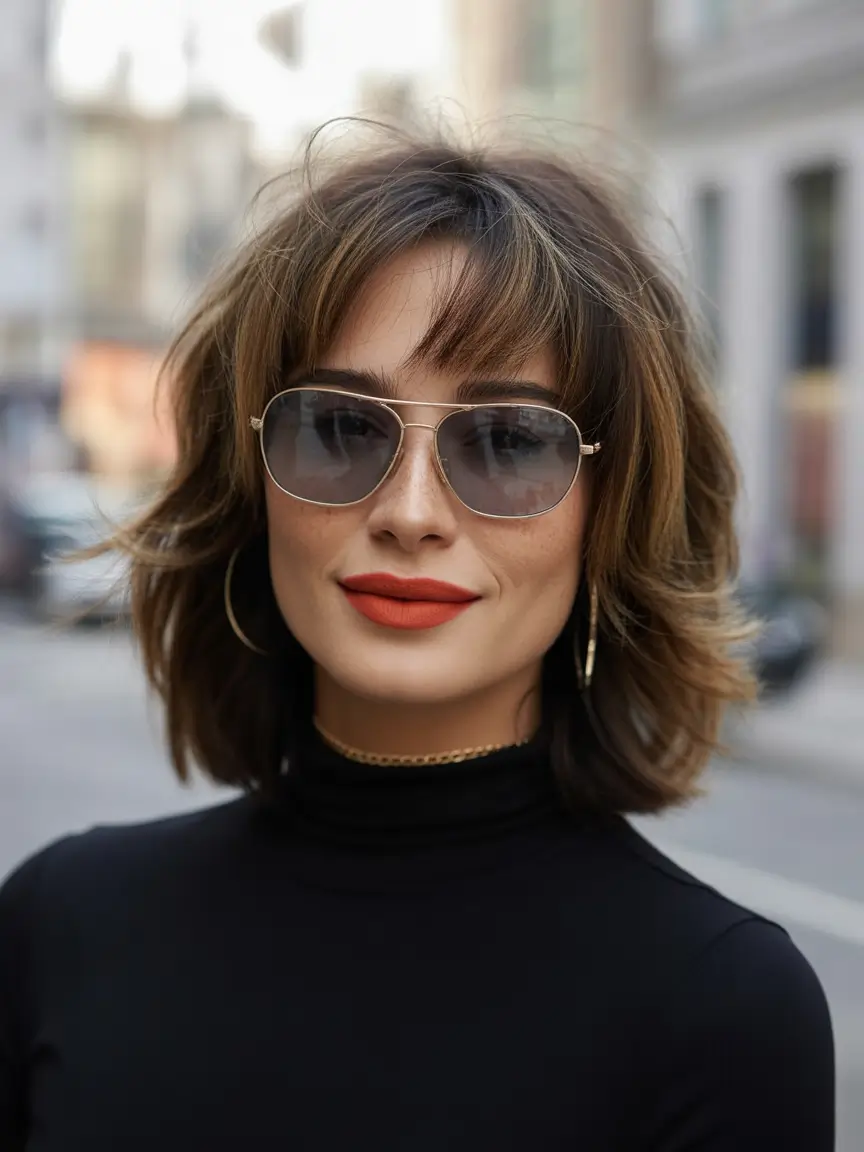 Best haircuts with bangs 2026 Classic Mid Length Wavy Bob With Curtain Bangs