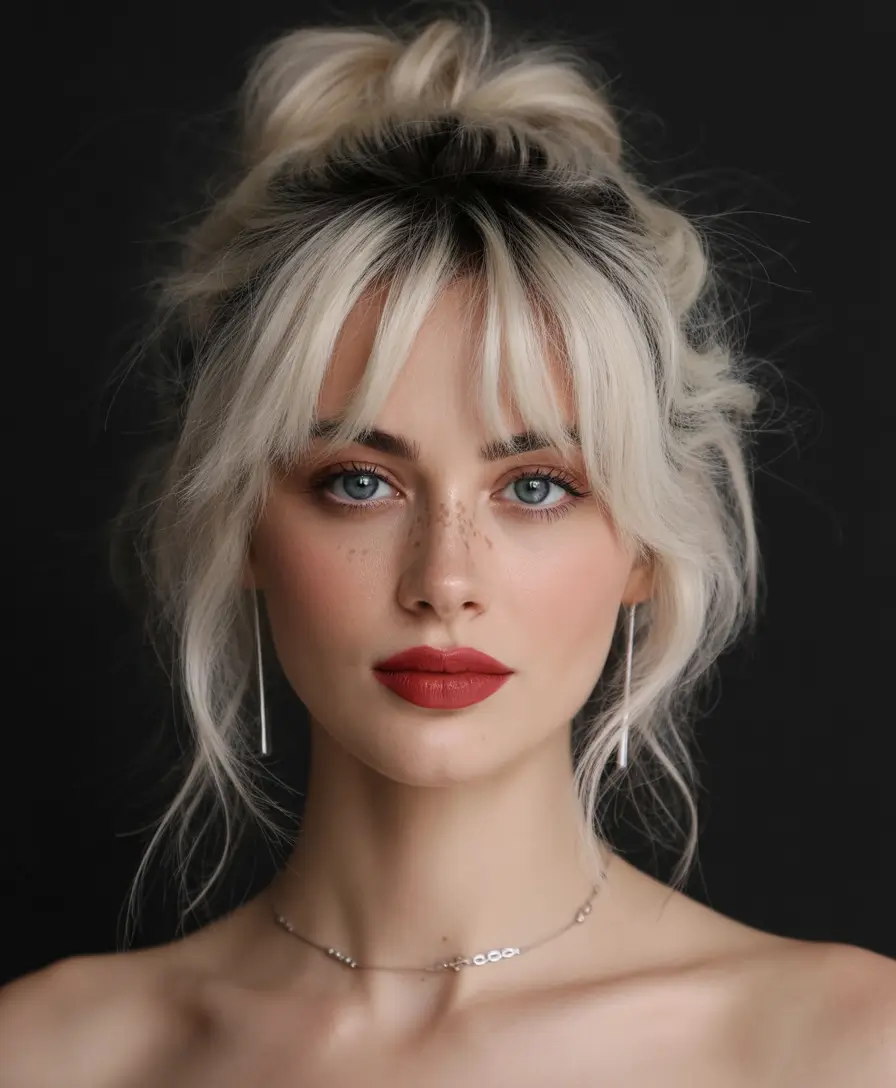 Best haircuts with bangs 2026 Platinum Blonde Textured Updo With Wispy Fringe