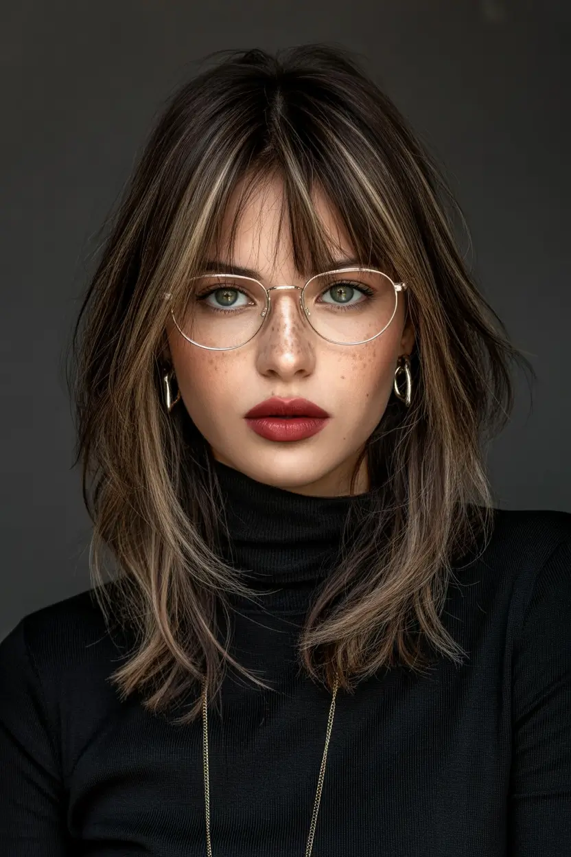 Best haircuts with bangs 2026 Dimensional Brunette Medium Cut With Face Framing Bangs
