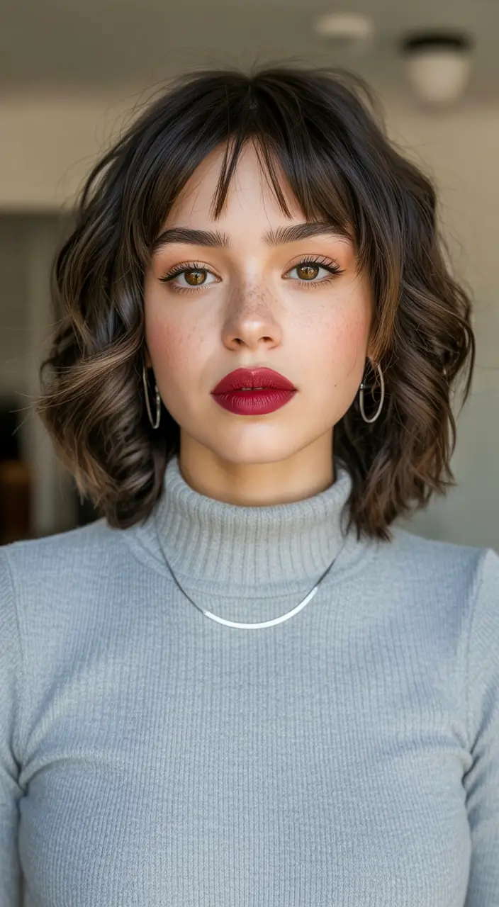 Best haircuts with bangs 2026 Short Curly Bob With Soft Wispy Bangs