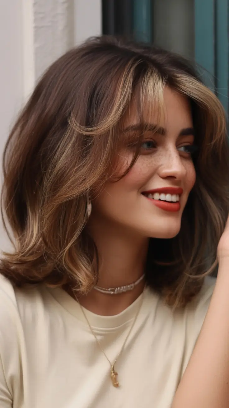 Best mid-length haircuts 2026 Warm Mid Length Layers With Highlights And Soft Movement