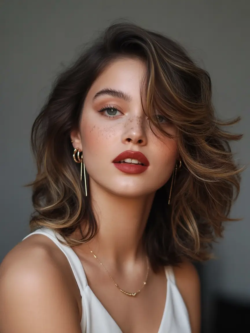 Best mid-length haircuts 2026 Layered Mid Length Waves With Side Swept Texture