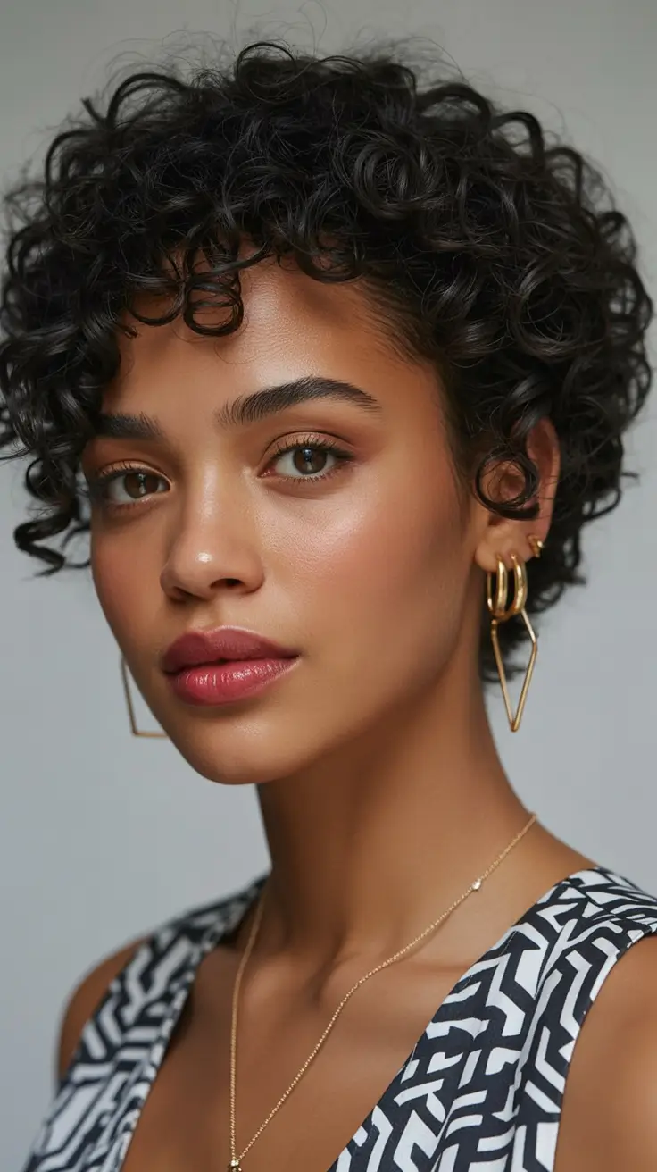 Best short haircuts for women 2026 Defined curly pixie with sculpted fringe
