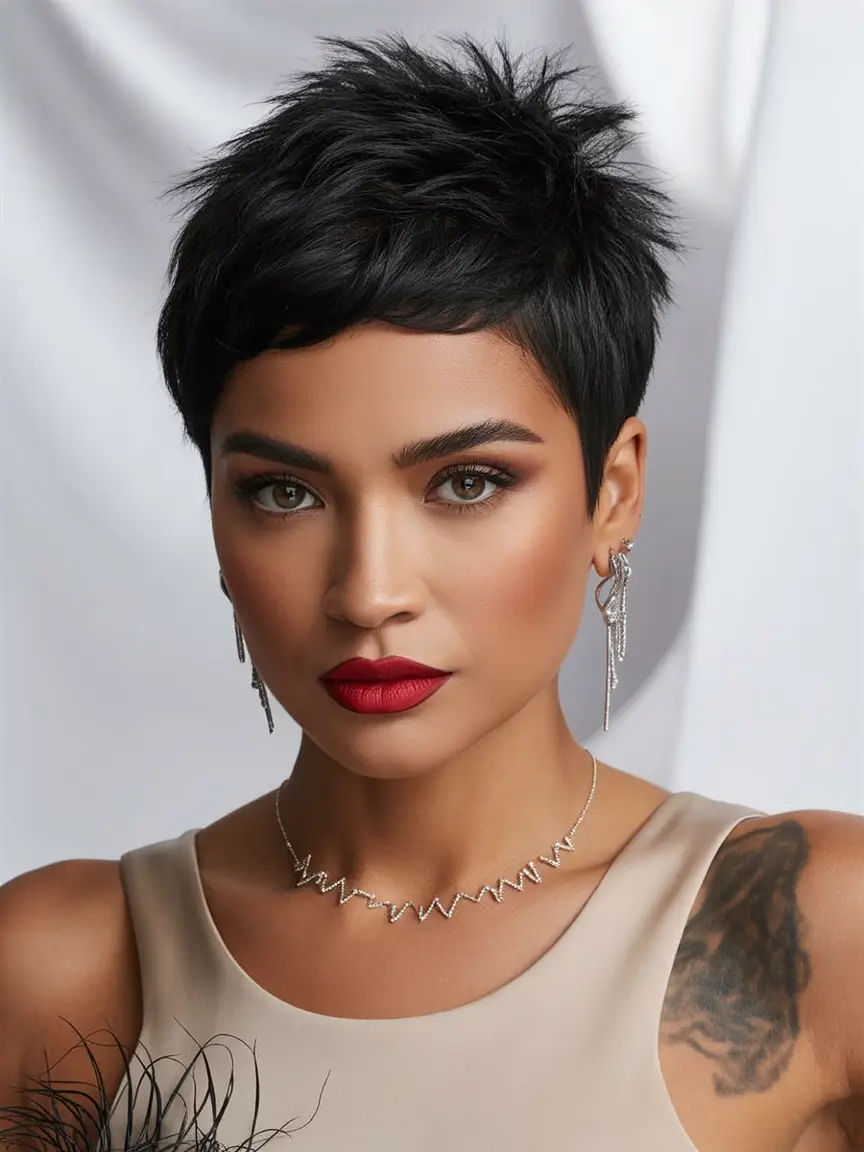 Best short haircuts for women 2026 Smoky jet black pixie with sharp texture