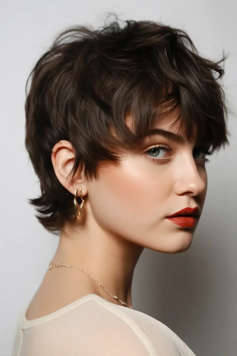 Best short haircuts for women 2026 Rich chestnut soft wolf crop with airy bangs