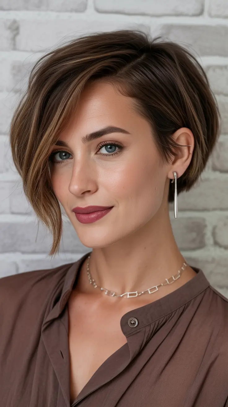 Best short haircuts for women 2026 Warm brunette angled pixie bob with sweeping fringe