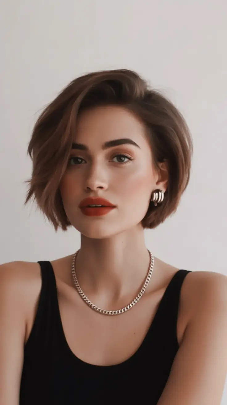 Best short haircuts for women 2026 Sculpted side swept bob with rich brunette warmth