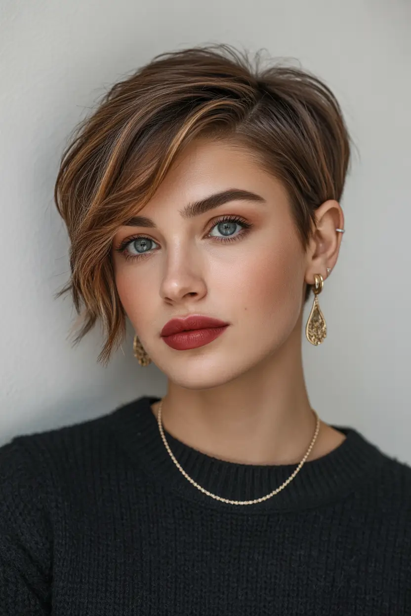 Best short haircuts for women 2026 Textured pixie bob with caramel highlights