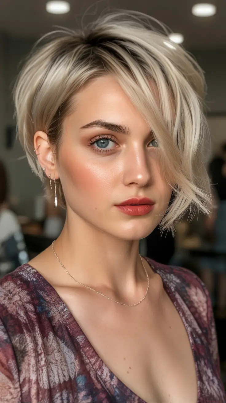 Best short haircuts for women 2026 Voluminous side swept bob with creamy blonde blend