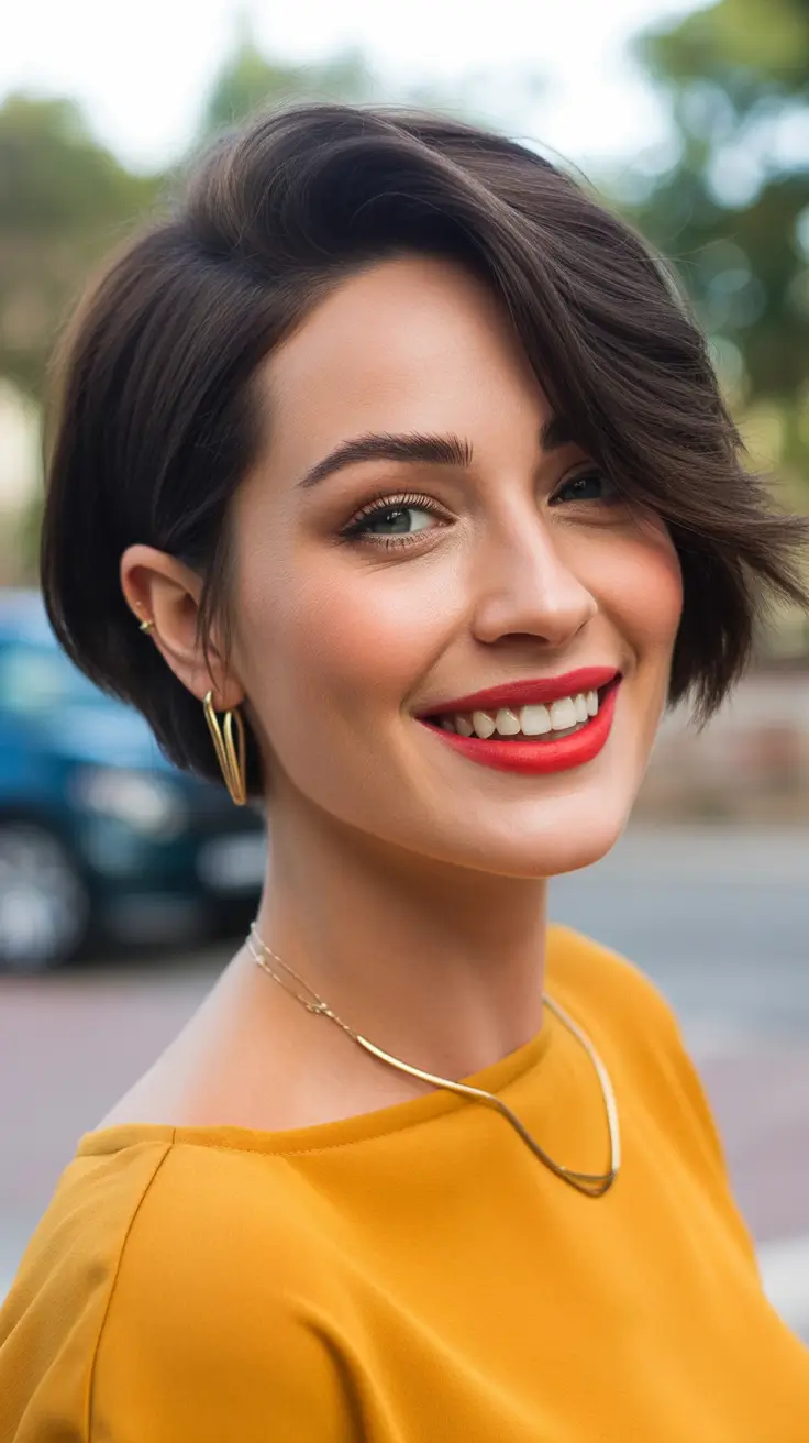 Best short haircuts for women 2026 Sleek dark chocolate bob with side sweep