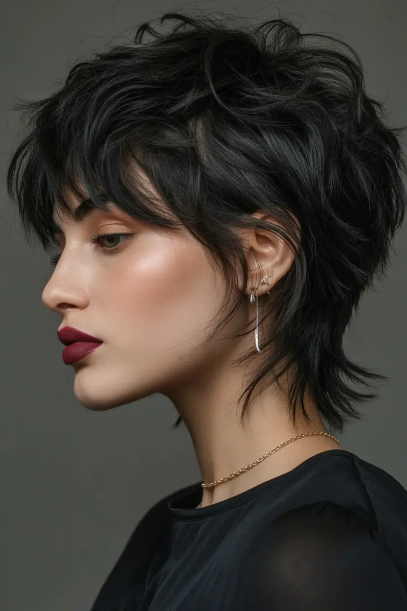 Best short haircuts for women 2026 Layered jet black shag with lived in bangs