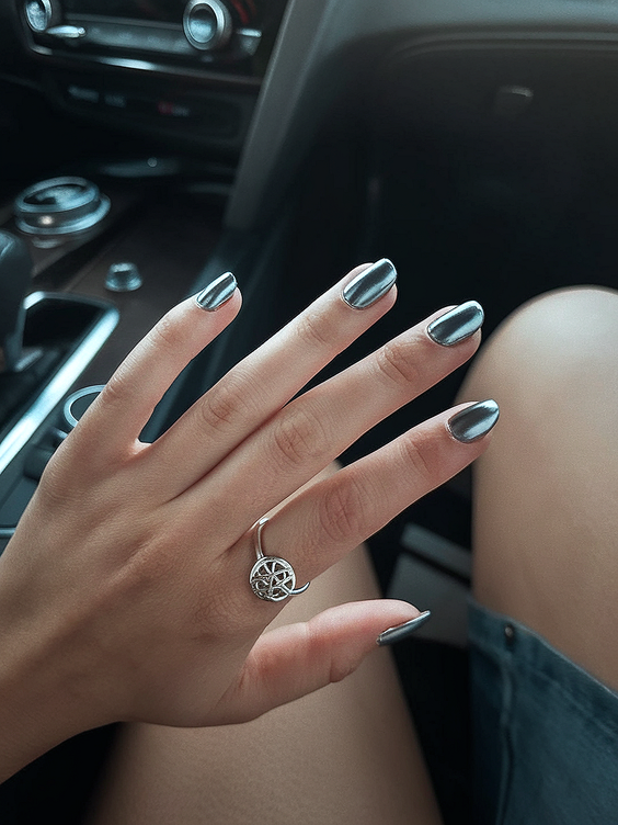 black nails ideas 2026 short metallic