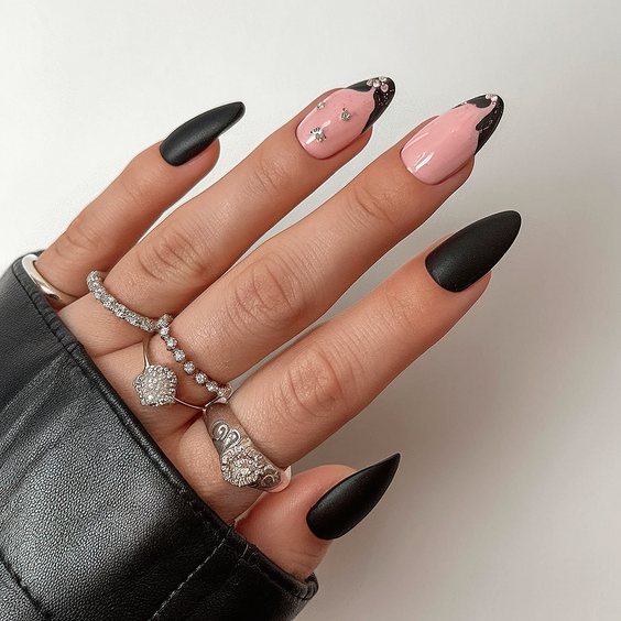 black nails ideas 2026 pink accent art