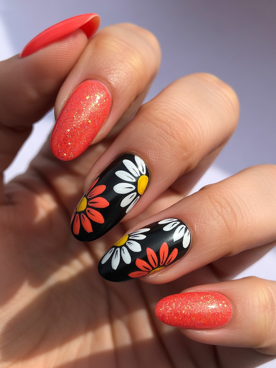 black nails ideas 2026 floral daisy art