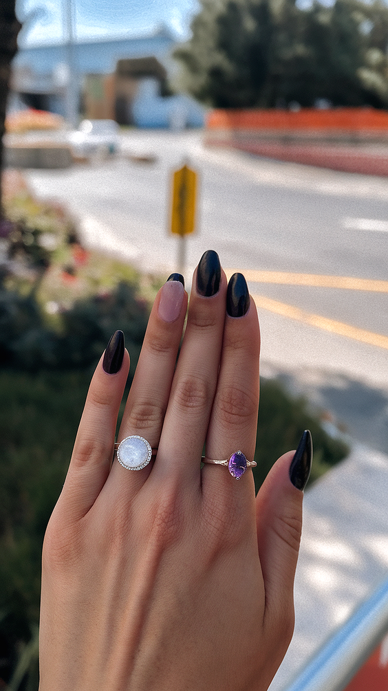 black nails ideas 2026 almond nude accent