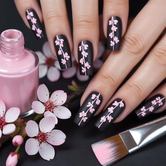 black nails ideas 2026 pink floral matte