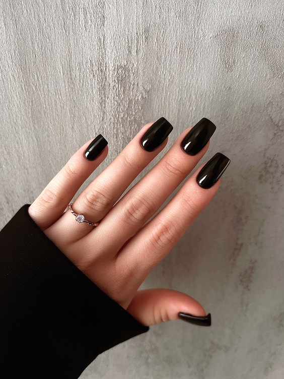 black nails ideas 2026 long square glossy
