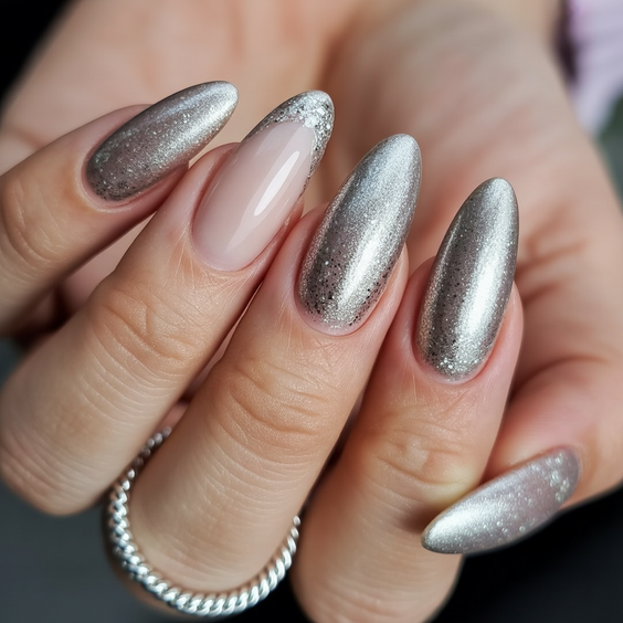 cat eye nails ideas 2026 Silver Nude Design