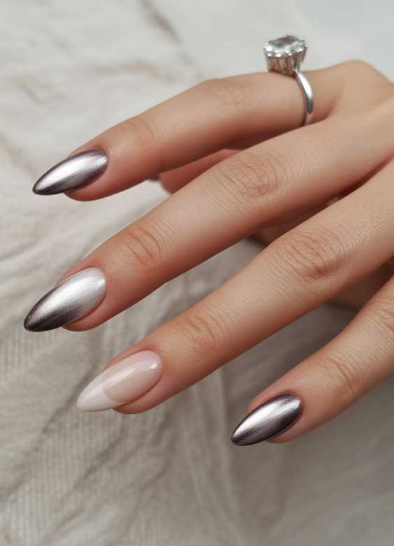 cat eye nails ideas 2026 Silver Neutral Polish