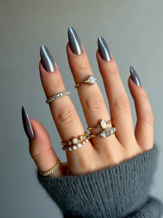 cat eye nails ideas 2026 Silver Metallic Design
