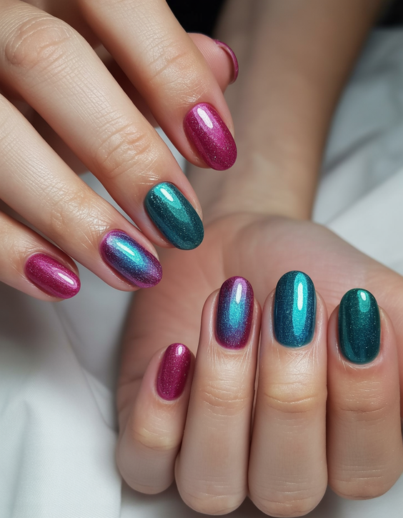 cat eye nails ideas 2026 Blue Purple Pink Art