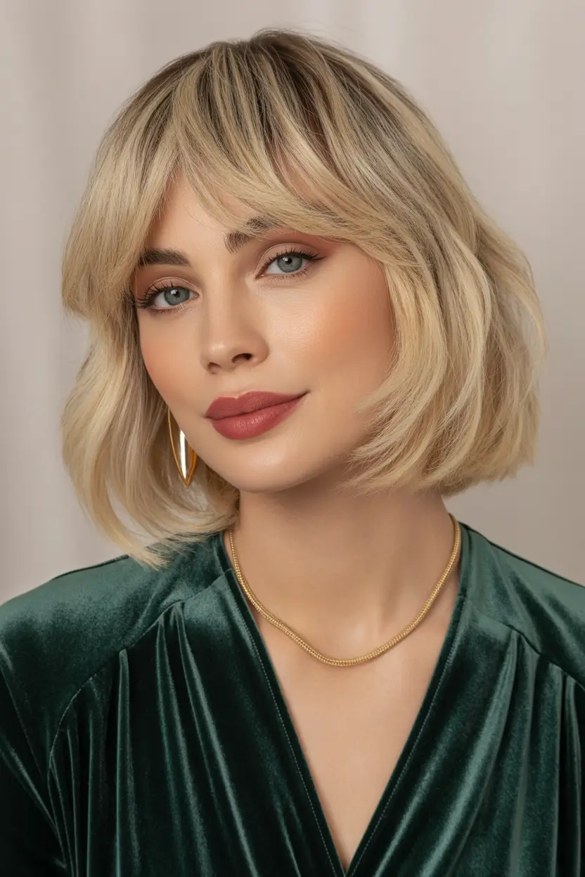 Chic bob hairstyles 2026 Blonde Bob With Soft Bangs And Velvet Finish