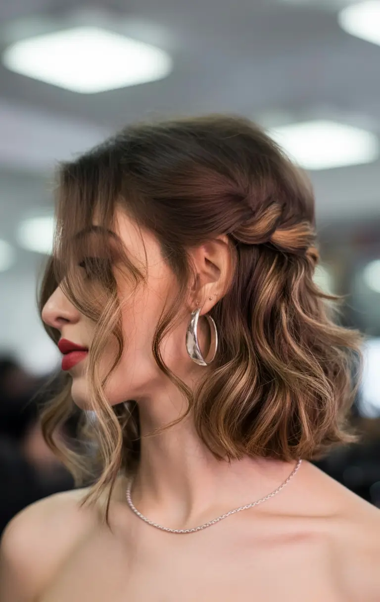 Chic medium length hairstyles 2026 Soft twisted half up with relaxed waves