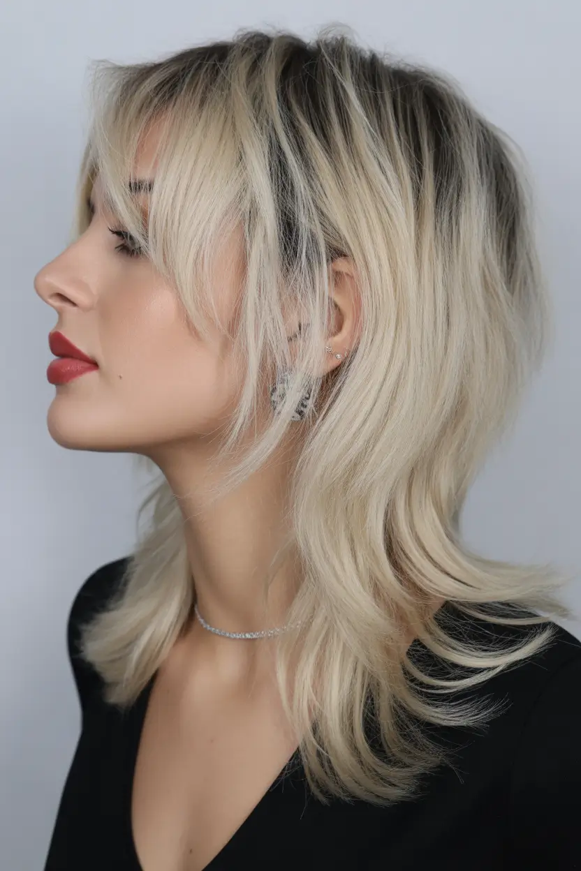 Chic medium length hairstyles 2026 Layered platinum shag with airy bangs