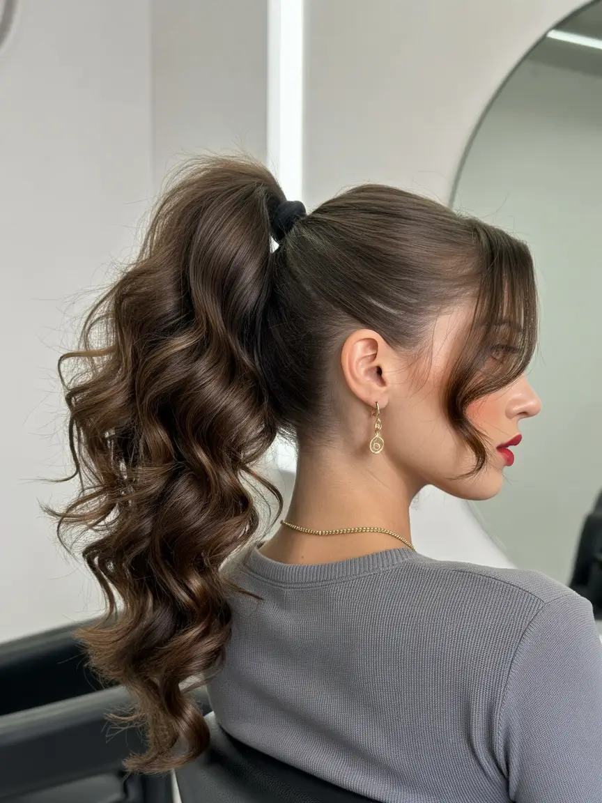 Chic ponytail hairstyles 2026 Voluminous Curly Ponytail With Soft Face-Framing Pieces