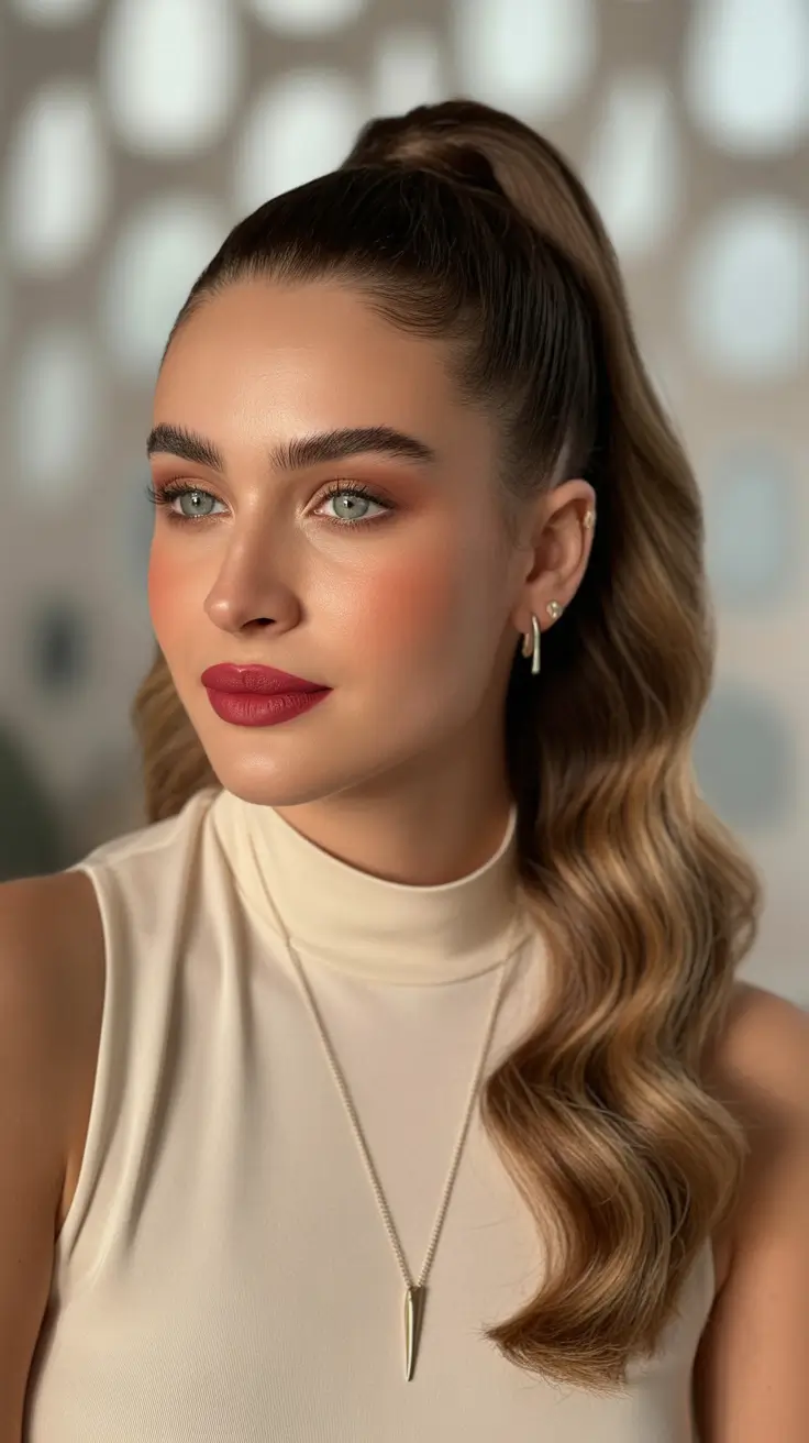 Chic ponytail hairstyles 2026 Sleek High Ponytail With Natural Glam Makeup