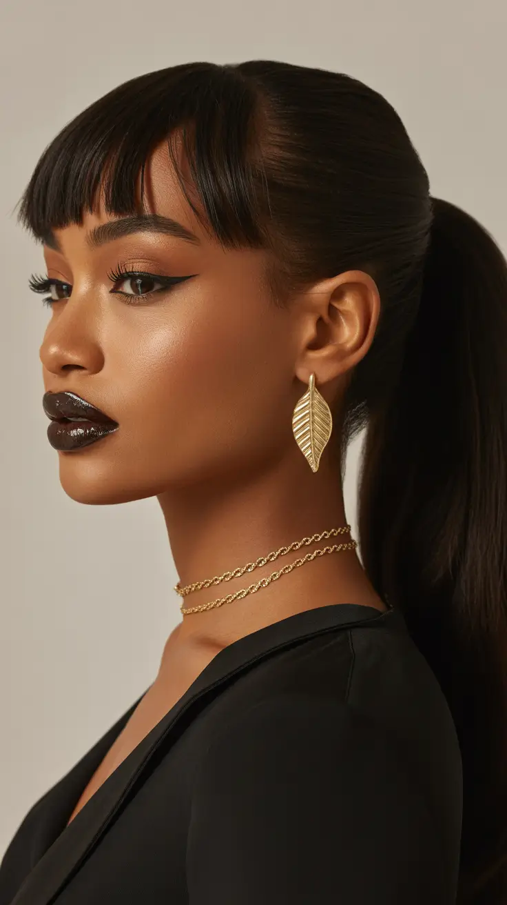 Chic ponytail hairstyles 2026 Sleek Black Ponytail With Micro Bangs