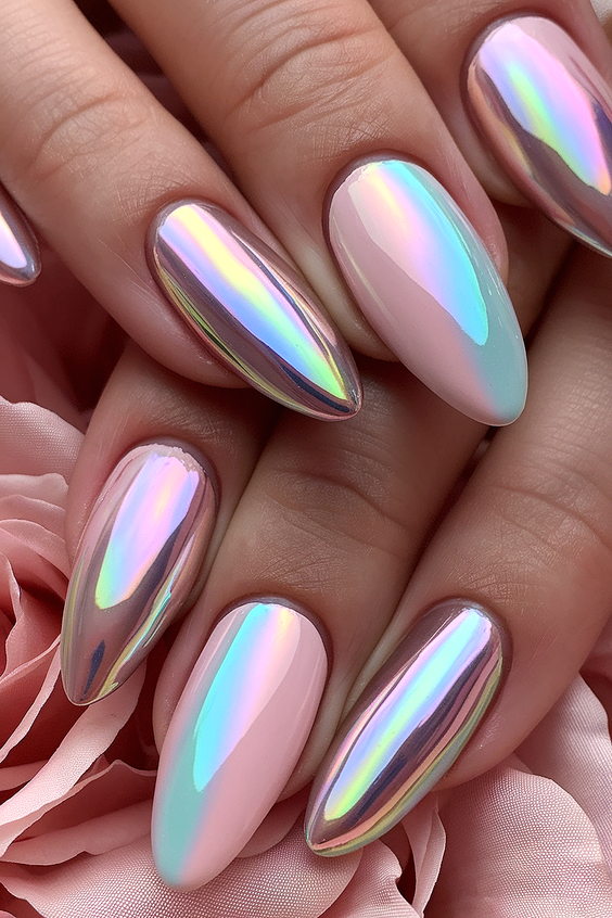 chrome nail designs 2026 - navy chrome nails with botanical art