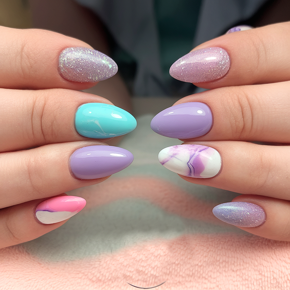 chrome nail designs 2026 - light blue chrome almond nails